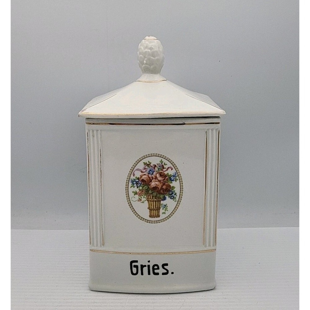 Vintage Ceramic Gries Canister Made In Czechoslovakia Numbered Floral White